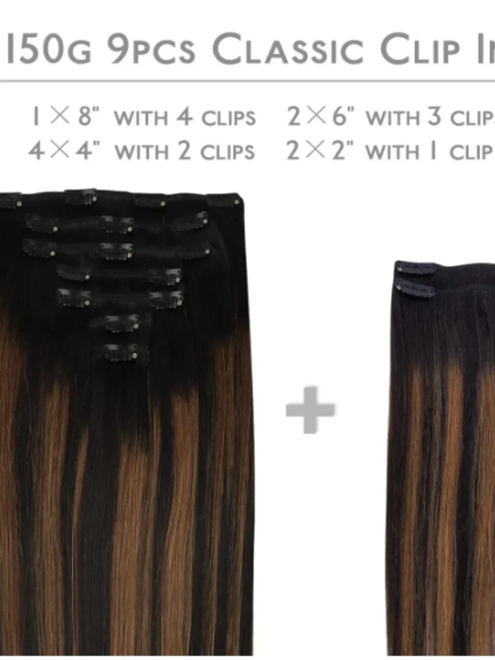 Clip-in Hair Extensions, 9pcs, 24 in. Balayage Natural Black to Chestnut Brown